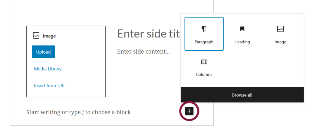 A screenshot of an example of the WordPress Gutenberg block editor component "InnerBlocks" where another block is being added. The button that adds the new block has a purple circle around it.